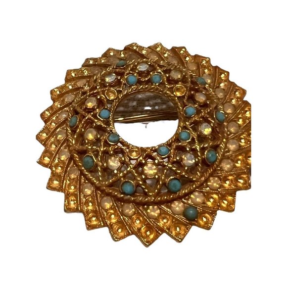 Fashion Jewelry Jewelry - Sarah Coy Signed Vintage Amber Turquoise Rhinestone Gold Costume Brooch Pin